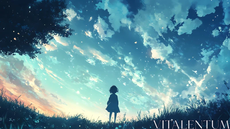 Backlit silhouette observing volumetric twilight cloudscape.