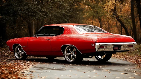 Classic red muscle car glowing on a quiet autumn road.