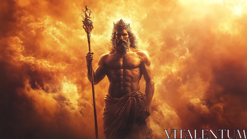 Mythic storm god emerging from fiery atmospheric clouds