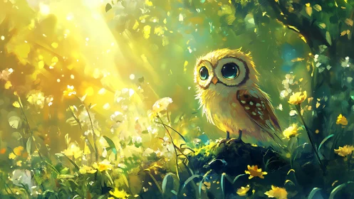 Adorable baby owl in a magical sunlit forest, digital painting.
