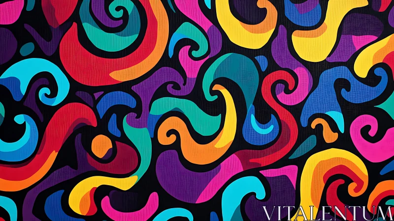 Colorful swirling abstract curves fill a dense dark canvas