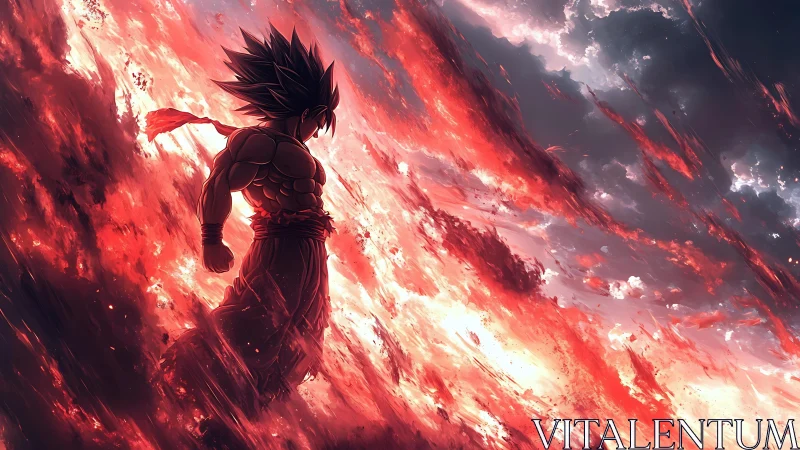 Silhouetted warrior in fiery storm rendered as dynamic anime scene