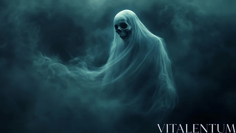 Shrouded specter drifts through teal fog like whispered dread