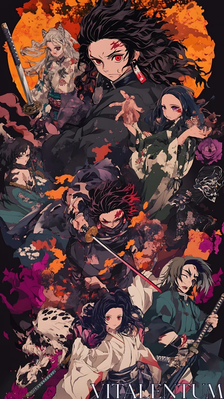 Fiery anime warriors clash amid swirling chaos and bloom.