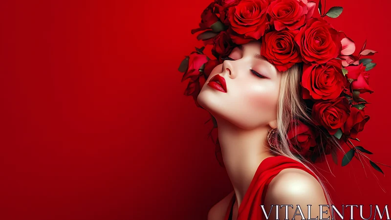 Woman in red dress wearing large crown of red roses.