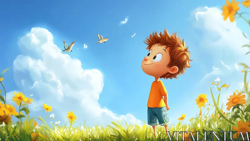 Child stands in flower field observing flying birds closely