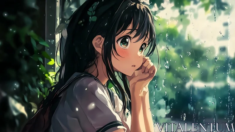 Anime girl gazes through rainy window in soft green light