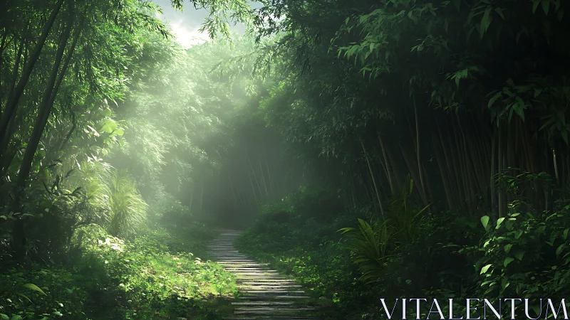 Wooden boardwalk path through dense bamboo forest with filtered sunlight
