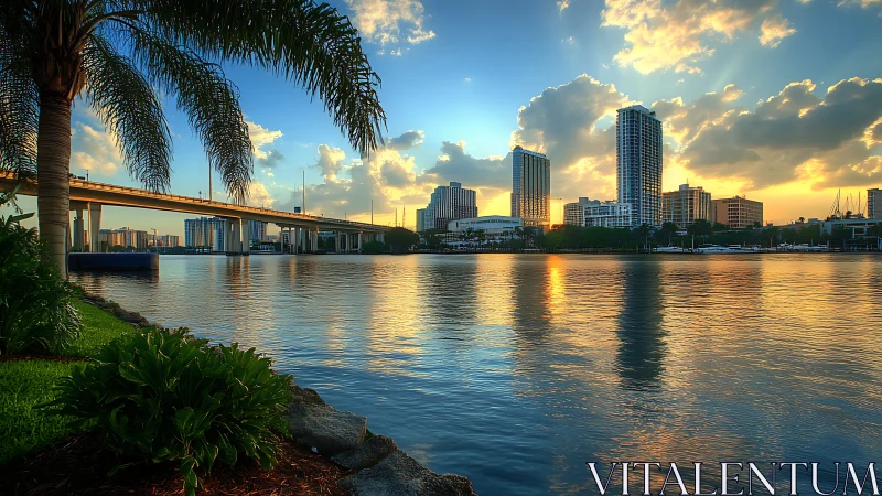 Waterfront city skyline with palm trees at sunset glow.