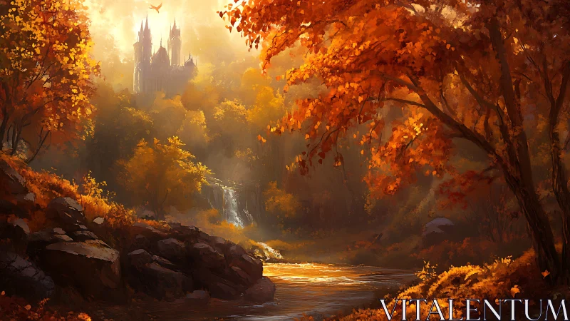 Medieval Castle Framed by Autumn Forest and Golden Waterfall