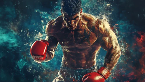 Boxer in Red Gloves with Intense Teal Background.