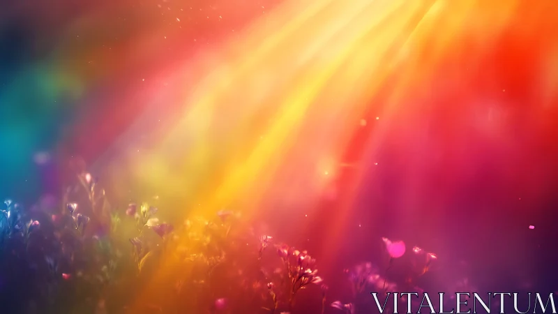 Rainbow light beams over soft focus wildflower field.