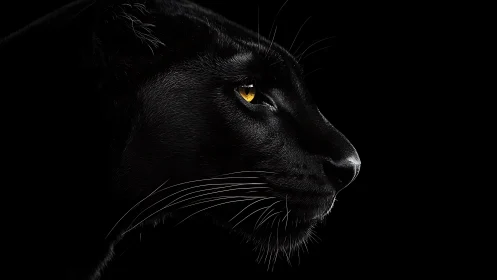 Black Cat Portrait with Golden Eyes Against Dark Background.