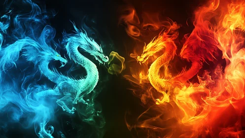 Opposed elemental dragon forms in blue flame and red fire.