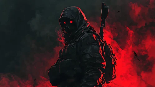 Hooded tactical soldier in red smoke with glowing eyes.