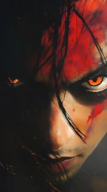 Intense fiery gaze of a determined warrior in shadows.