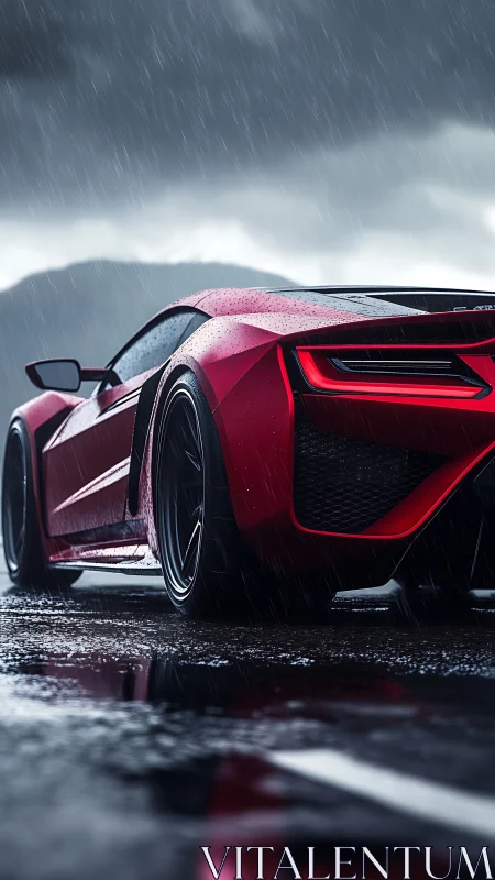 Red supercar waits in the rain, charged with quiet energy.
