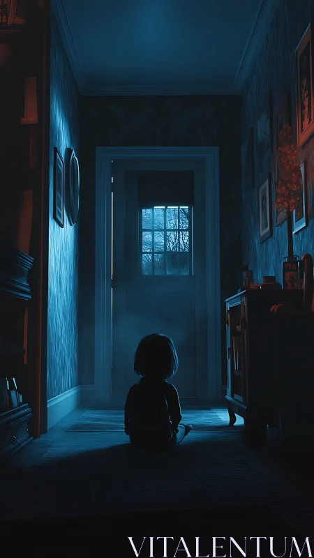 Silent child in blue hallway gazing toward glowing doorway.
