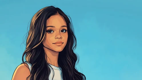 Digital portrait illustrates young woman against blue background