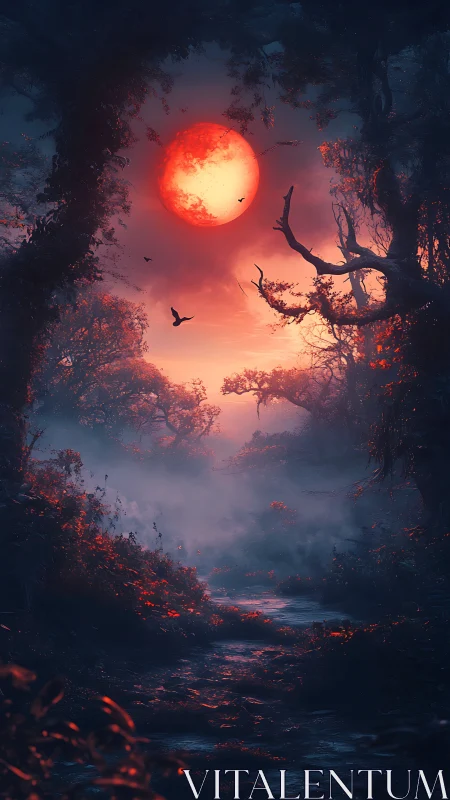Red celestial body above misty forest stream at dusk.