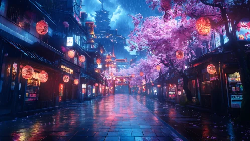 Rainy lantern street glowing under dreamy cherry blossoms.