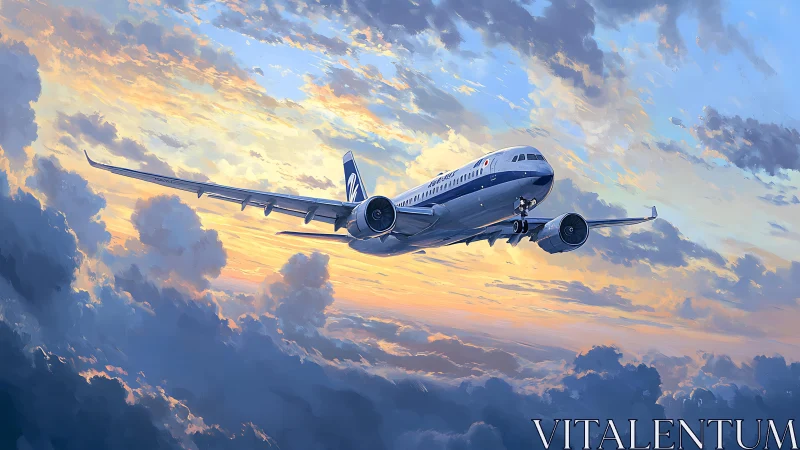Passenger jet ascends through glowing sunset cloudscape.