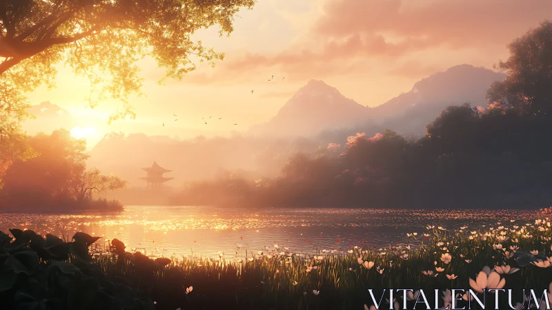 Sunlit lakeside pagoda under glowing misty mountains.