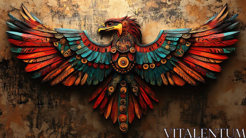 Vibrant tribal phoenix wall art with rustic textures and bold colors.