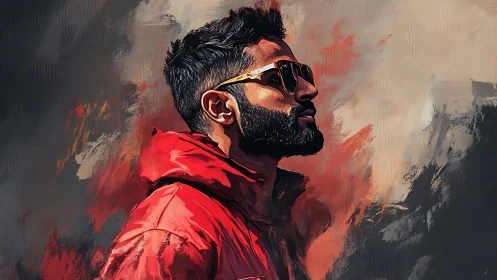 Profile portrait of man in red jacket with abstract backdrop.