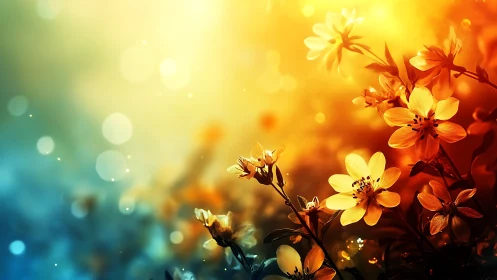 Golden Flowers Bloom Against Warm Sunset Gradient.