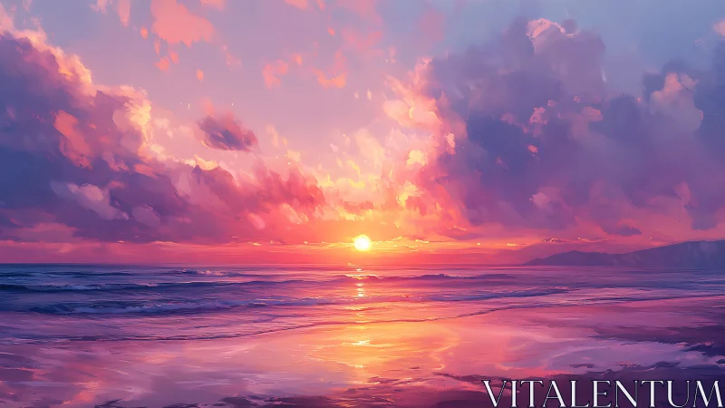 Radiant pastel sunset over reflective shoreline and distant headland