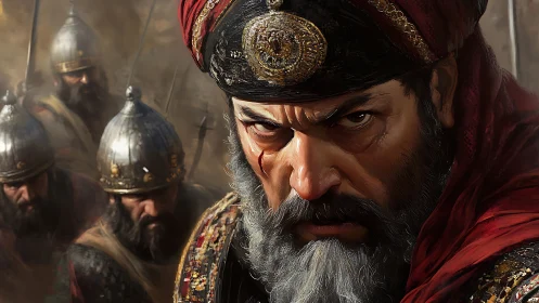 Battle-hardened commander with ornate turban in dense melee.