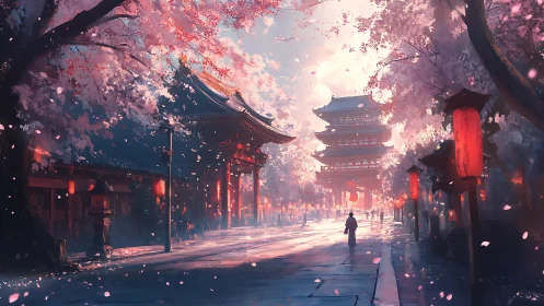 Cherry blossom temple street under warm lantern light.