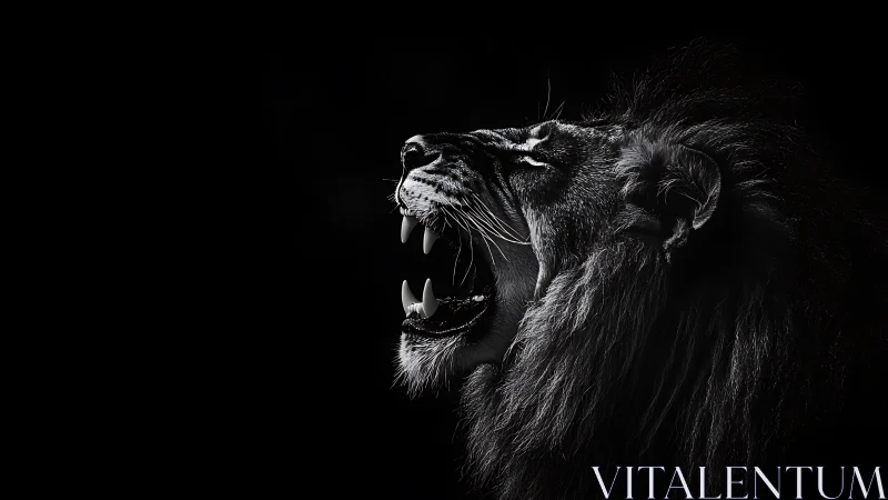 Lion profile roaring in high contrast black and white