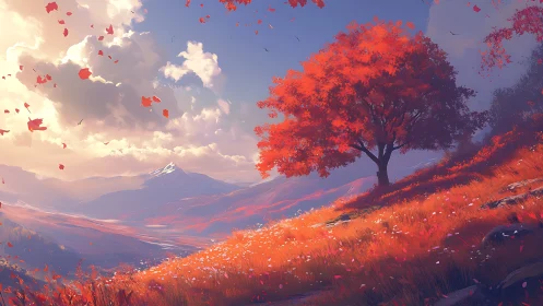 Autumn hillside tree overlooks sunlit valley and distant peak