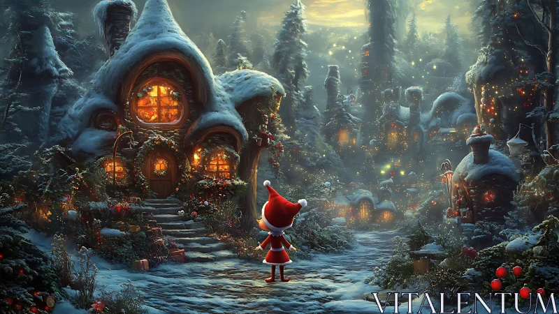 Snow-covered village with character in red outfit at dusk.