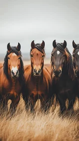 Four curious horses quietly rearrange the autumn prairie