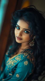 Graceful woman in teal dress with bright, expressive eyes.