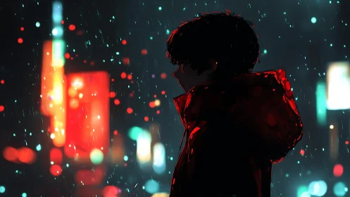 Neon rain drapes a lone silhouette in midnight ember glow.