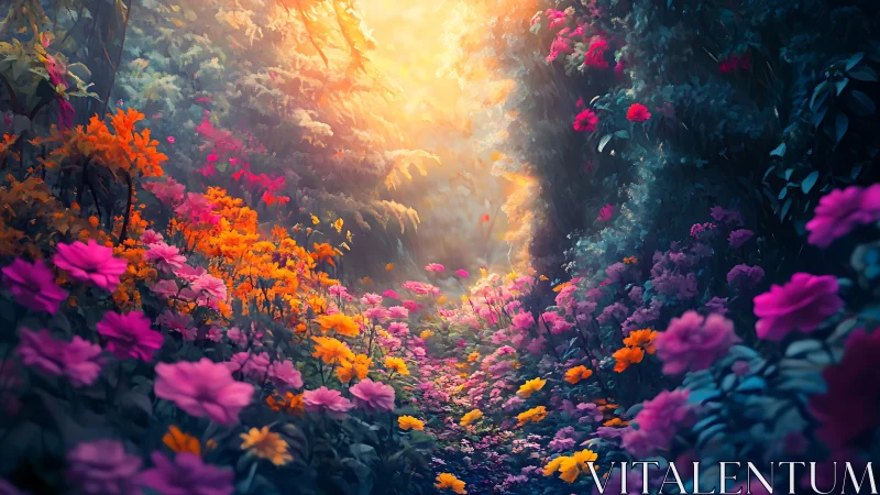 Flower pathway with directional light source and layered foliage.
