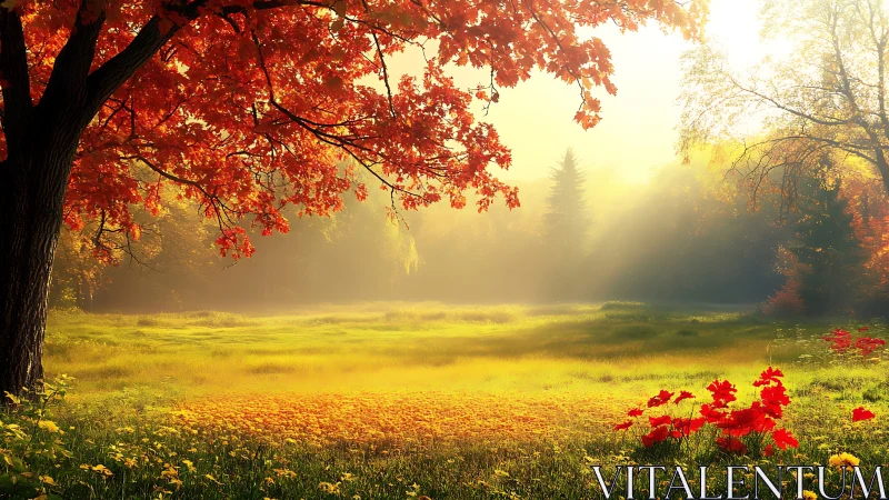 Autumn meadow under radiant backlight with scarlet foliage.