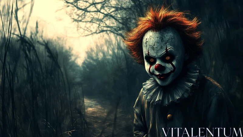 Sinister forest clown waits where the path forgets the sun