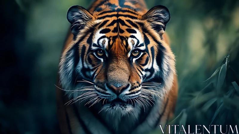 Tiger portrait with focused gaze in dense green habitat.