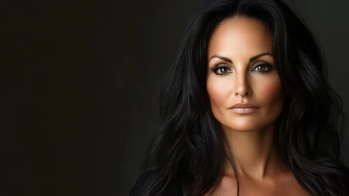 Elegant woman with long dark hair, natural makeup, studio portrait.