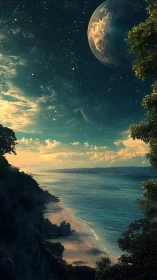 Celestial shoreline under enlarged planet in luminous dusk