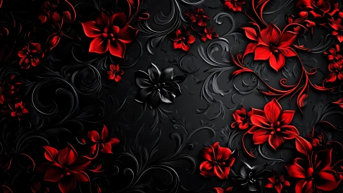 Striking Red Flowers Dance Across Elegant Black Ornamental Background