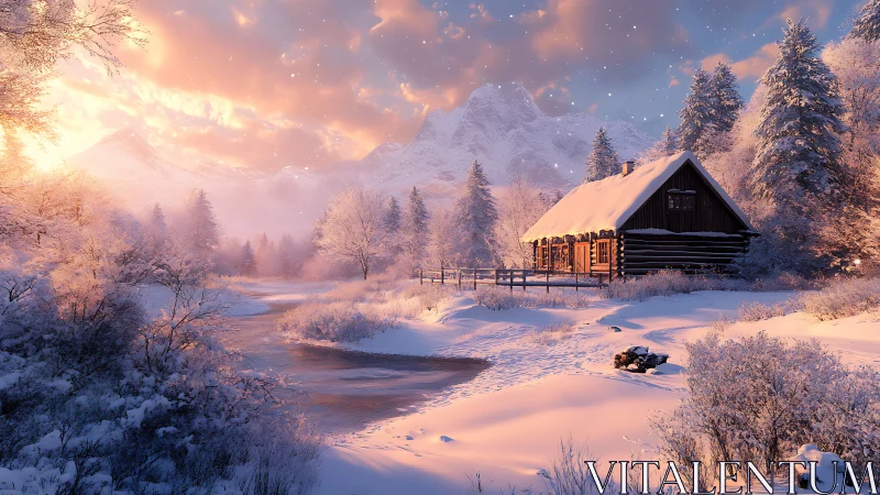 Snow cabin glows under pastel sunrise in silent valley.