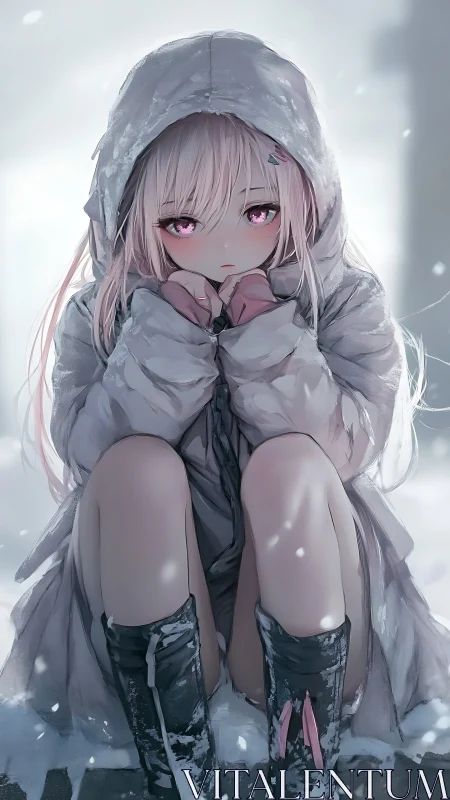 Snowbound pink-eyed daydreamer curled in winter hush.