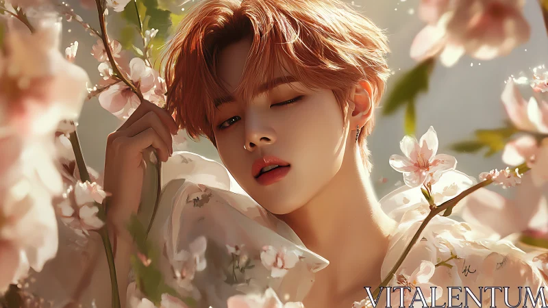 Ethereal portrait among blush blossoms in golden bokeh light.