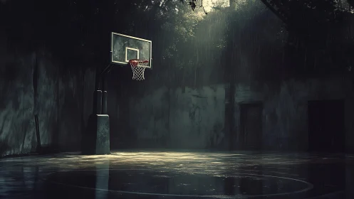 Lonely outdoor basketball hoop under moody summer rain.